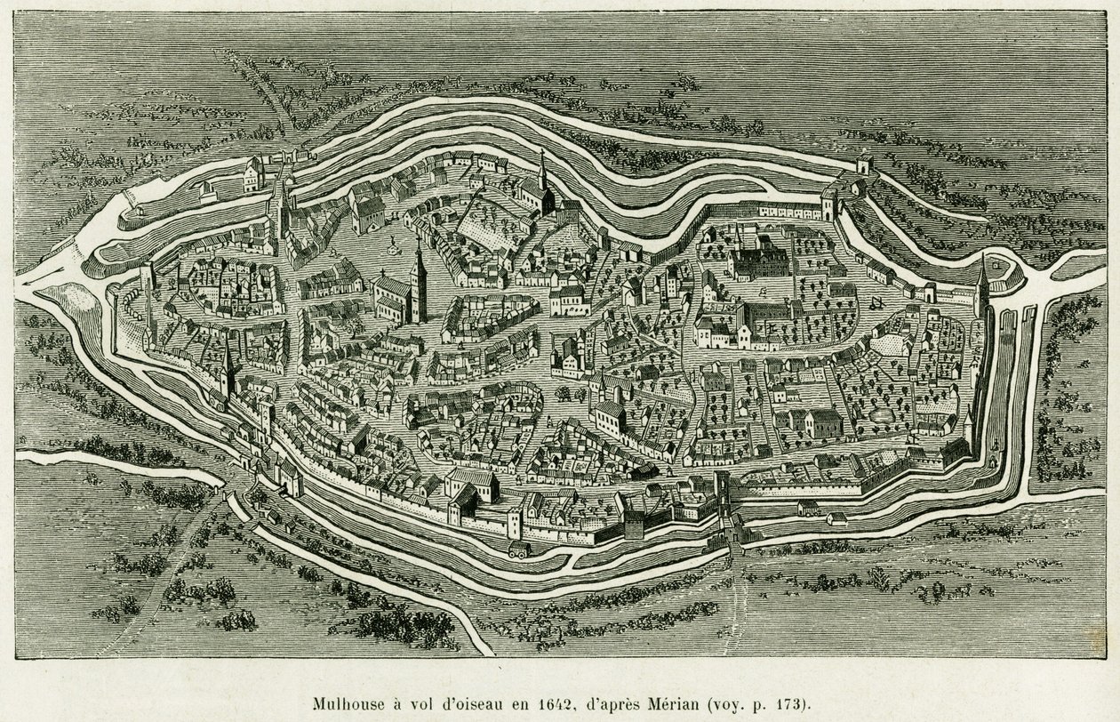 Mulhouse voa em 1642. Gravura de Matthaus Merian (1593-1650) para ilustrar a história A Through Alsace and Lorraine, de Charles Grad, deputado alemão, em 1885, no tour du monde 1886, dirigido por Edouard Charton (1807-1890), Hachette, Paris. de Matthaus the Elder (after) Merian