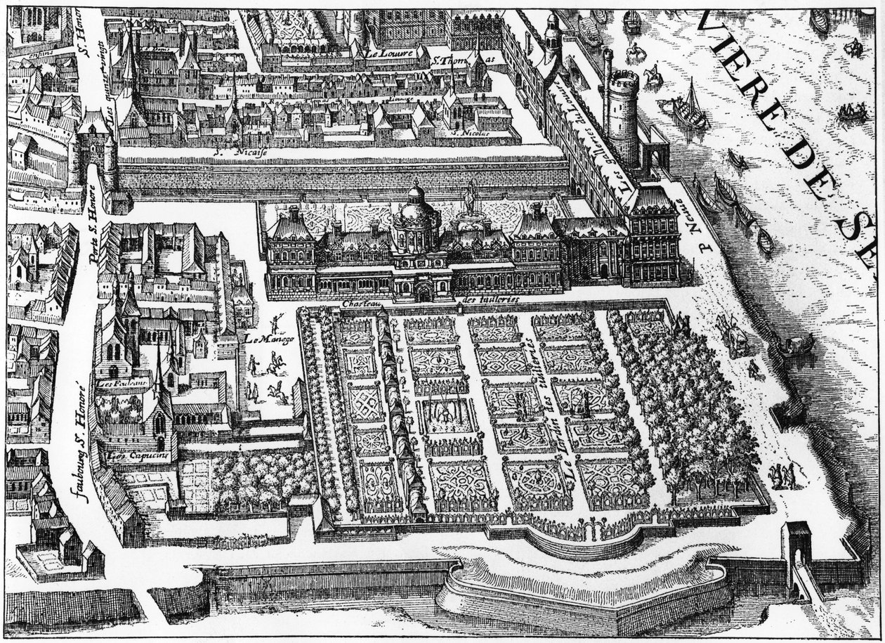 Paris: o palácio e jardim das Tuileries em 1615, fac-símile do plano de Mathieu Merian. de Matthaus the Elder (after) Merian