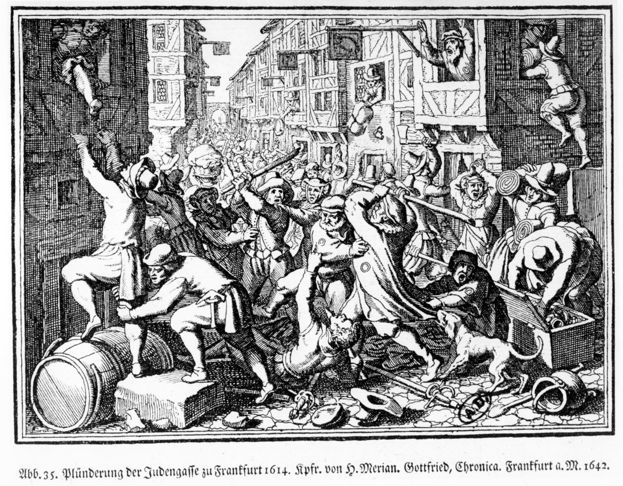 Pilhagem do beco judeu durante os motins de Fettmilch, em Frankfurt, a 22 de agosto de Matthaus the Elder (after) Merian