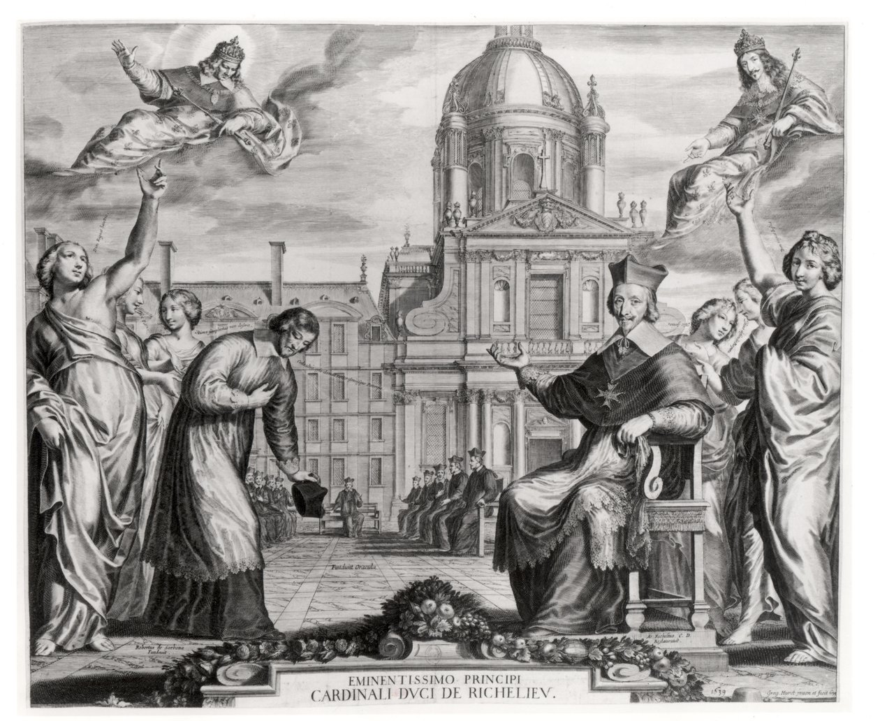 Robert de Sorbon (1201-94) e Cardeal Richelieu (1575-1642) em frente à Sorbonne, gravado por Gregoire Huret (1606-70) 1639 de Matthaus the Elder Merian