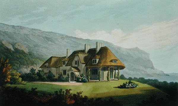 Villa à beira-mar com telhado de colmo para James Vine Esq., Em Puckaster, Isle of Wight, da Villa Architecture: uma coleção de vistas, com planos, de edifícios executados na Inglaterra e na Escócia, por Robert Lugar, pub de Matthew Dubourg