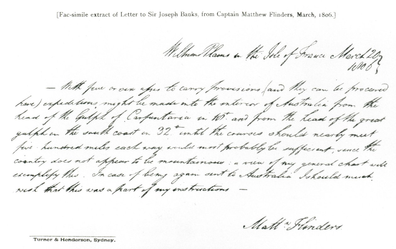 Cópia de fac-símile de uma carta a Sir Joseph Banks, do capitão Matthew Flinders, datada de março de 1806, de The History of Australian Exploration, de 1788-1888, 1888 (facsmile) (bw photo) de Matthew Flinders