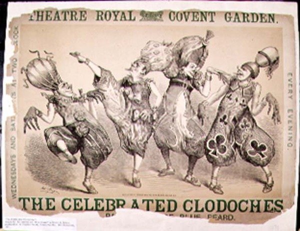 The Celebrated Clodoches, poster de uma pantomima de Blue Beard produzida por Henry J. Bryon, produzida no Theatre Royal, Covent Garden, Londres, 1871 de Matthew Somerville Morgan