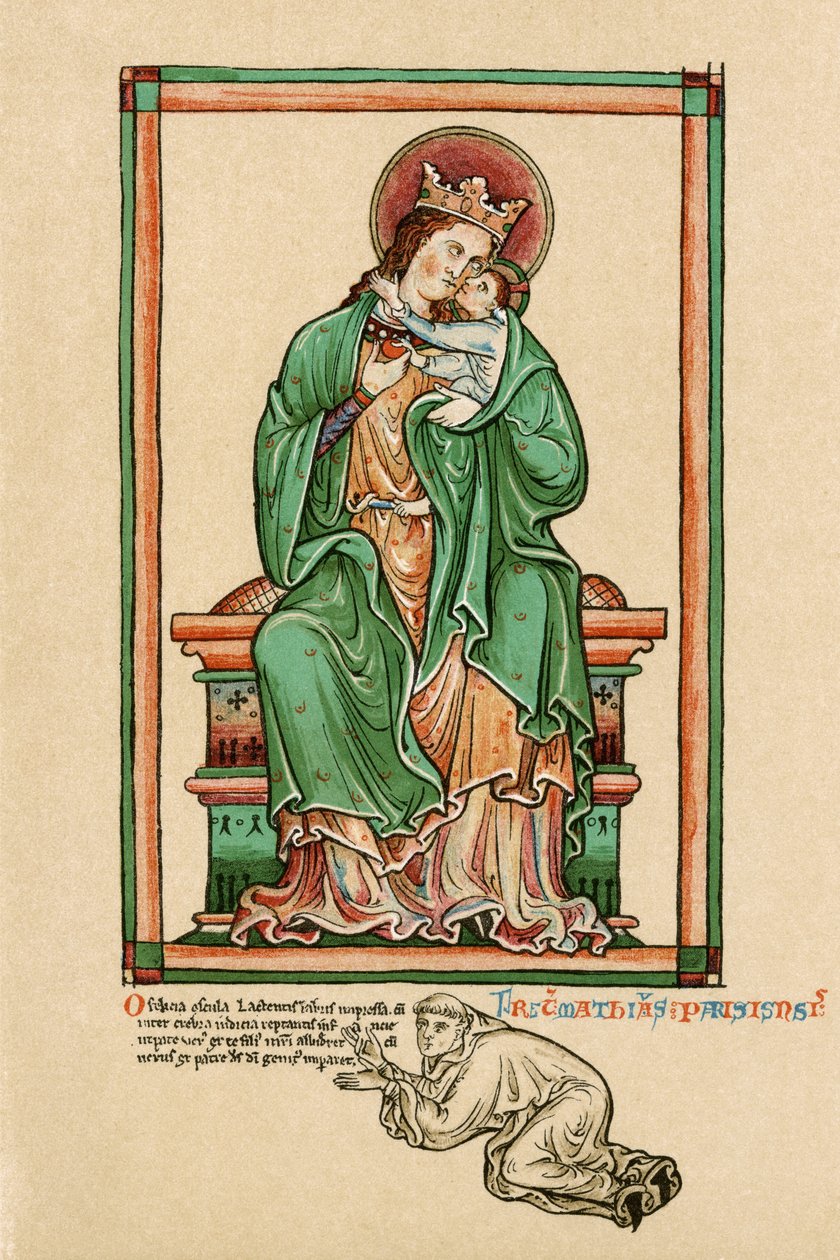 Virgem e Criança com auto-retrato ajoelhado aos seus pés (ver também 310885-886, 310898) de Matthew Paris