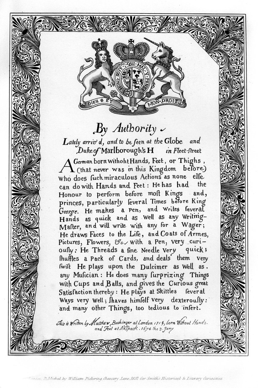 Projeto caligráfico de Matthew Buchinger, anão de Nurnburg, 1717, 1840 de Matthew Buchinger