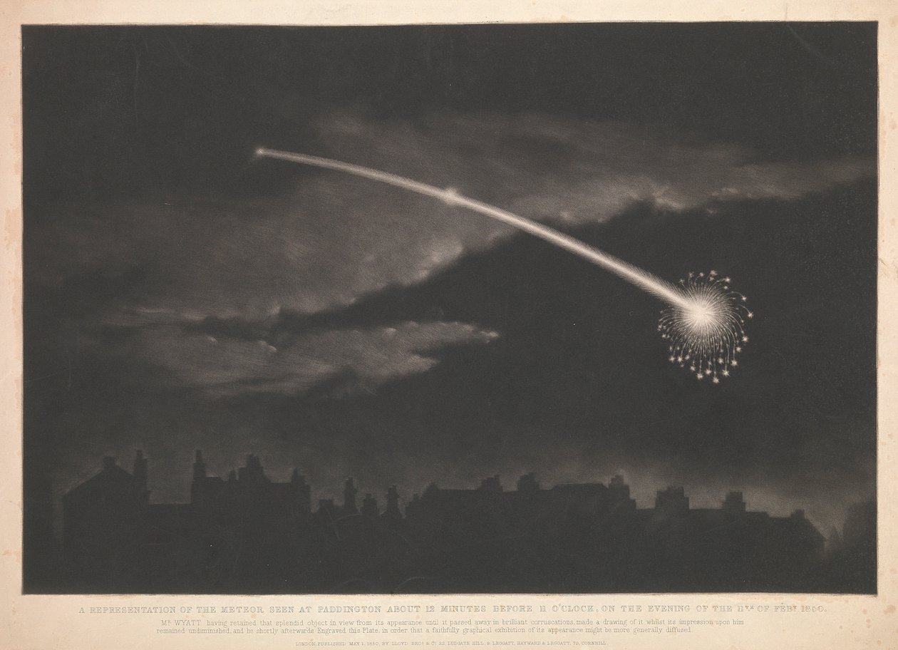 Uma representação do meteoro visto em Paddington cerca de 12 minutos antes das 11 horas, na noite de 11 de fevereiro de 1850 de Matthew Cotes Wyatt
