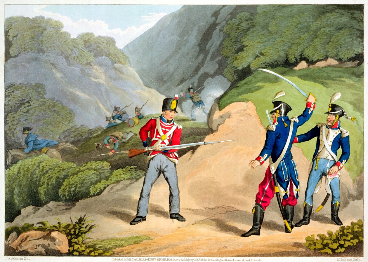 "Um soldado britânico a tomar dois oficiais franceses na batalha dos Pirenéus", 1813 1816 de Matthew Dubourg