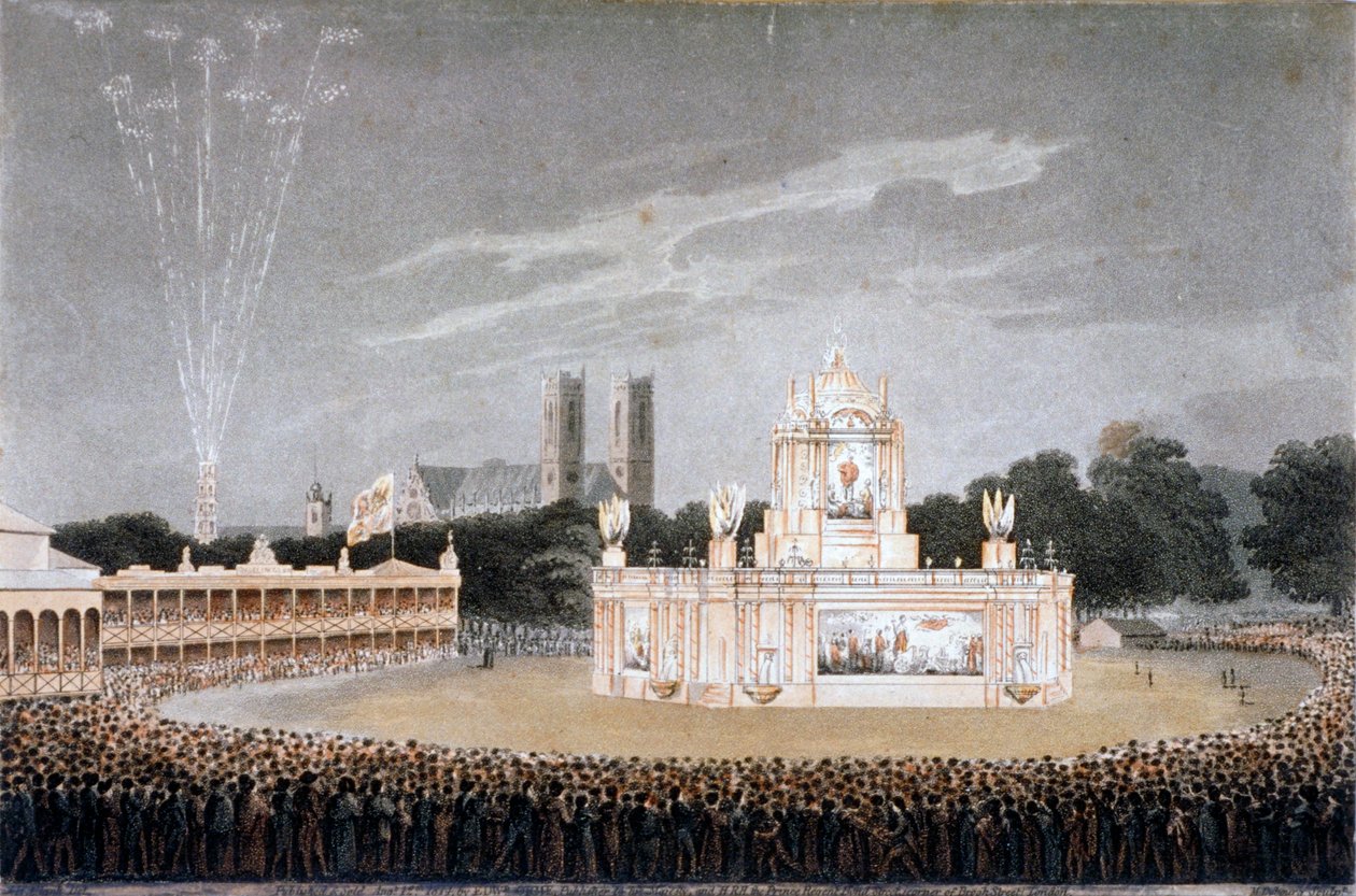 Exposição de fogo-de-artifício em Green Park, Westminster, Londres, 1814 de Matthew Dubourg