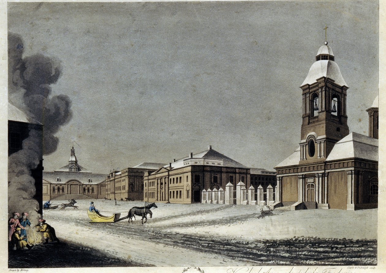 O Arsenal e a Fundição do Canhão em Petersburgo. (O Arsenal e a Fundição do Canhão em Petersburgo). Descrição do edifício em pleno Inverno, com trenós a deslizar sobre a neve e um grupo de pessoas a aquecerem-se à volta de uma fogueira. Trabalho por de Matthew Dubourg