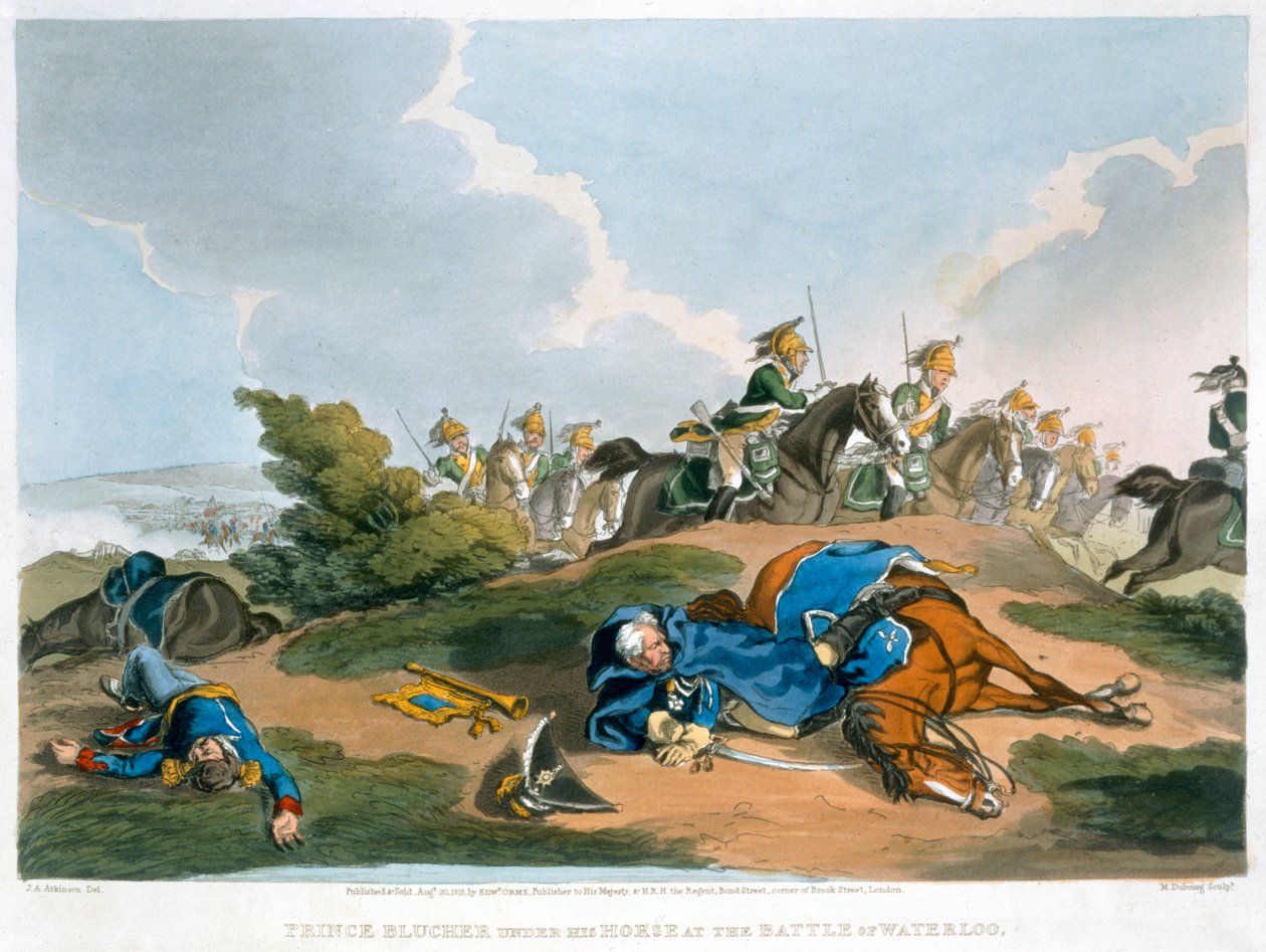 "Príncipe Blucher sob o seu cavalo na Batalha de Waterloo", 1815 de Matthew Dubourg