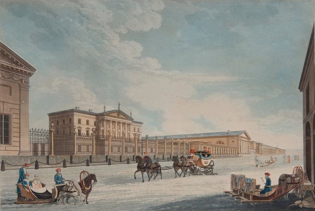 Vista do Banco Imperial e das lojas em São Petersburgo, 1815 de Matthew Dubourg