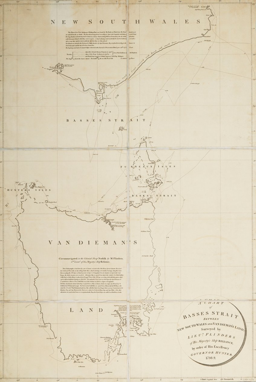 Carta de Basses Straight, entre Nova Gales do Sul e Van Diemans Land, elaborada pelo tenente Flinders do HMS "Reliance", por ordem do ... Governador Hunter de Matthew Flinders