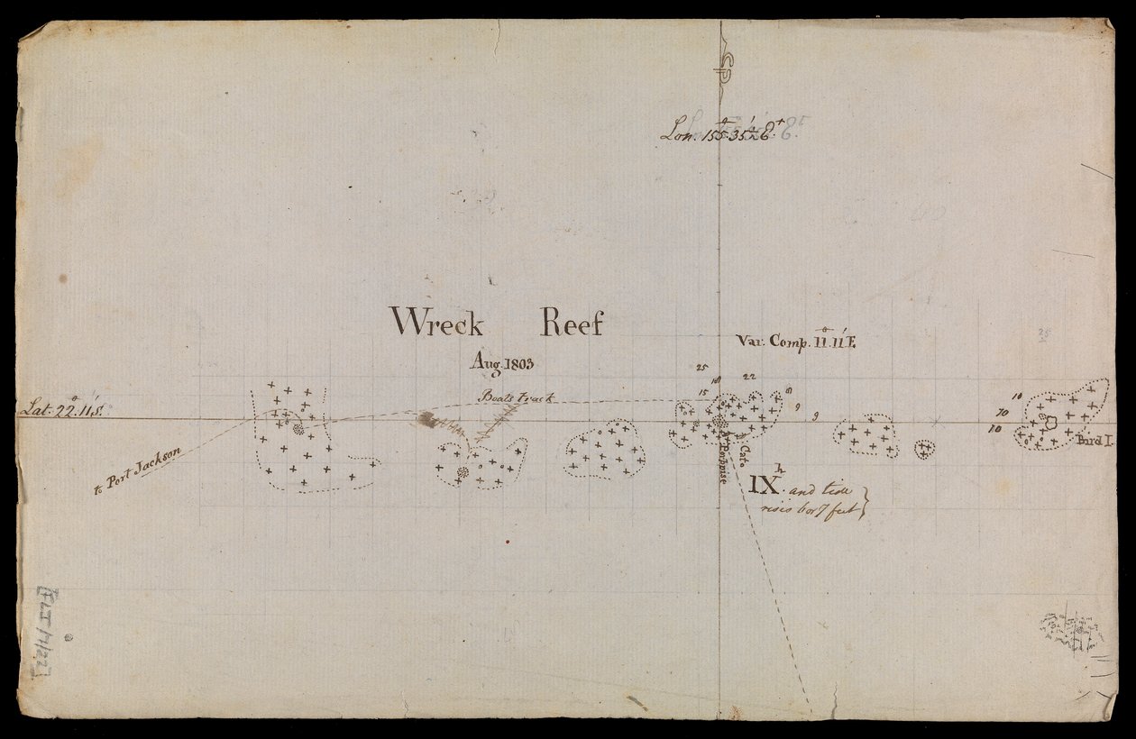 Carta grosseiramente esboçada do "Recife dos Naufrágios", 1803, de uma coleção de memorandos técnicos e correspondência do Almirantado de Matthew Flinders