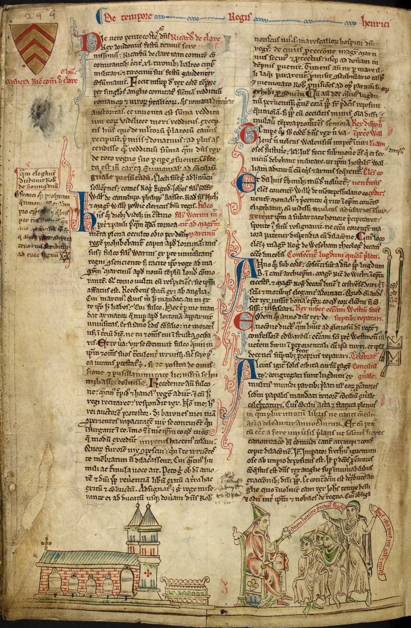 Real 14C VII, f.138v Abadia de Westminster e Santuário de São Eduardo; à direita, Papa Inocêncio IV no Concílio de Lião, ilustração de 