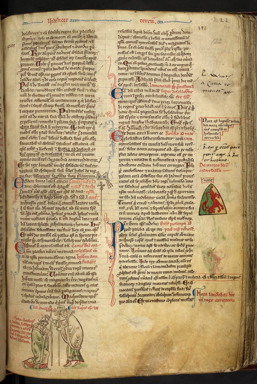 Royal 14 C. VII f.122r Roger Nigel, bispo de Londres, consagrando Edmundo de Abington como arcebispo de Cantuária, inscrito com os seus nomes acima, ilustração de 