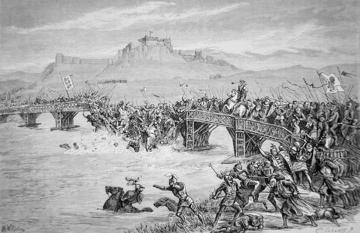 O colapso da ponte durante a Batalha de Stirling Bridge, em 1297, gravada por Roberts (litho) de Matthew White (after) Ridley