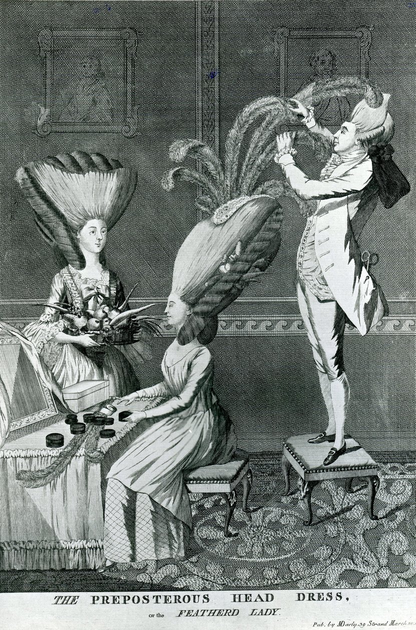 O vestido da cabeça de Preposterous, ou o Featherd Lady, 1776 de Matthew or Matthias Darly