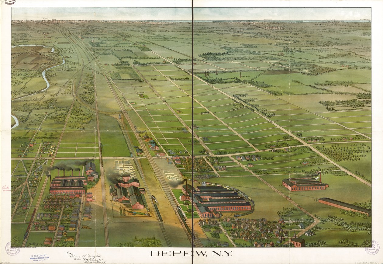 Vista aérea. Orientada com o norte para a direita. LC Mapas Panorâmicos (2ª ed.), 555.1 Disponível também através do website da Biblioteca do Congresso como imagem raster. Cópia da LC anotada a tinta. Estampado: Elogia Depew Improvement Co.; S. Jay Ohart,  de Matthews Northrup Company