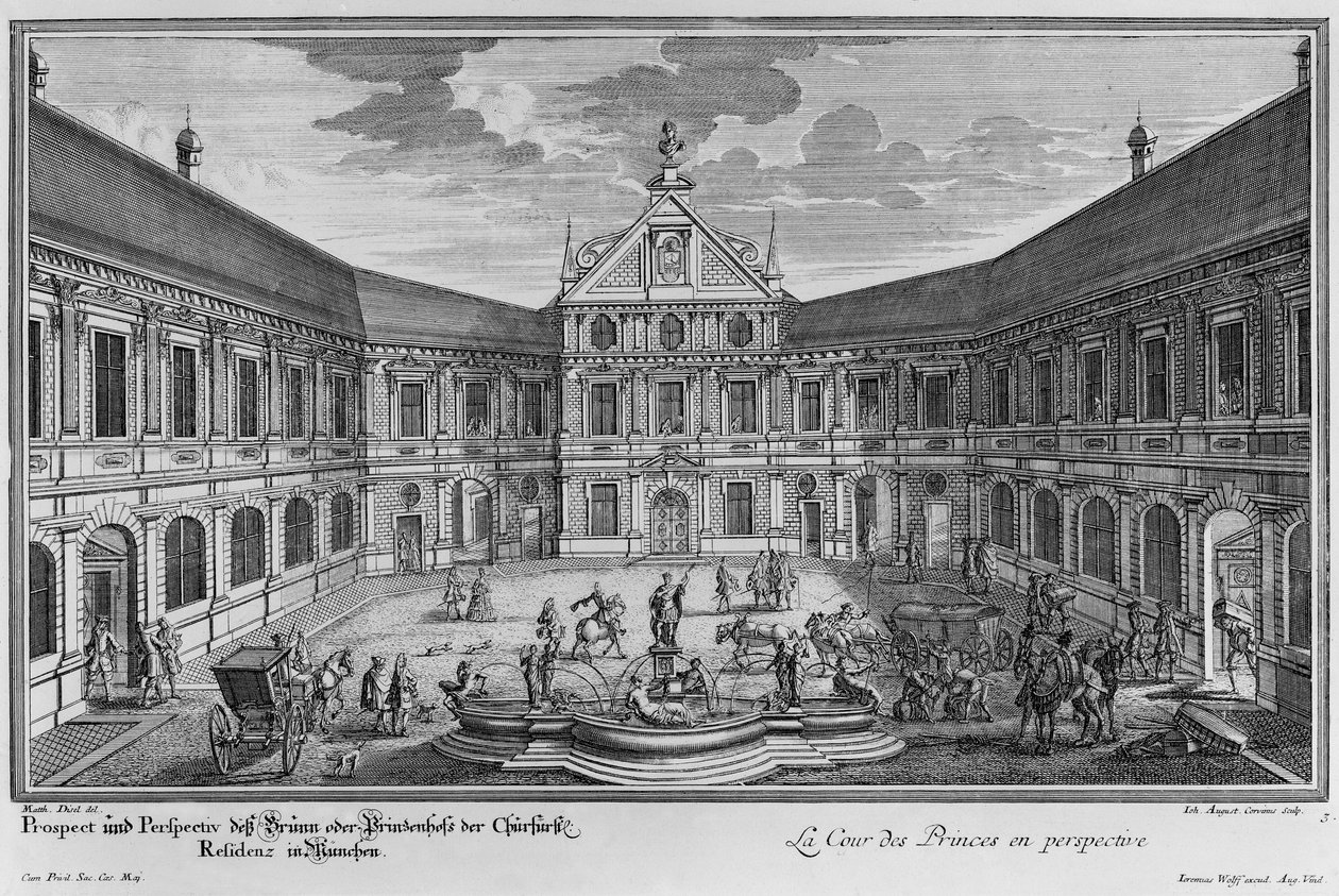 Palácio em Munique, Alemanha, gravado por Johann August Corvinus de Matthias Diesel