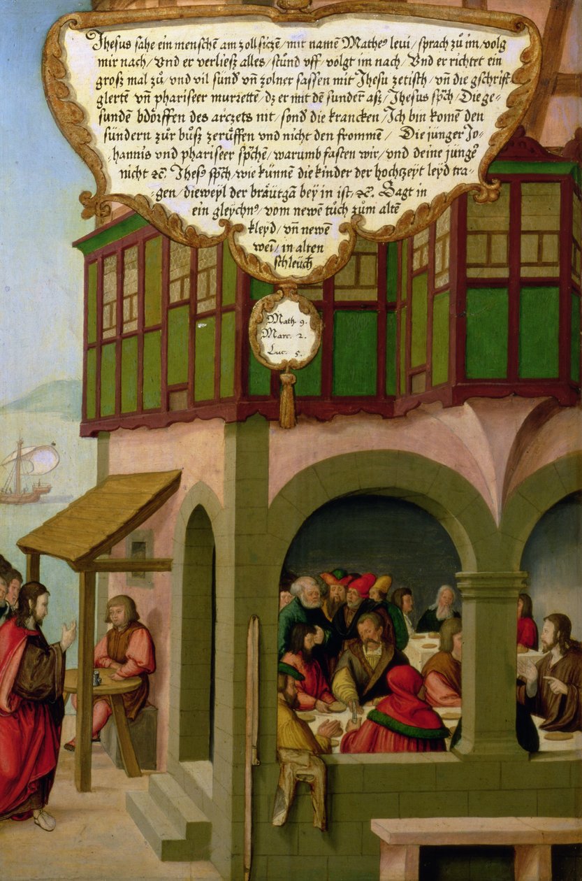 Jesus comendo com os contribuintes e pecadores (Mateus 9, Marcos 2, Lucas 5) seção do painel da asa do retábulo de Mompelgarter (painel) (veja também 72465-79) de Matthias Gerung or Gerou