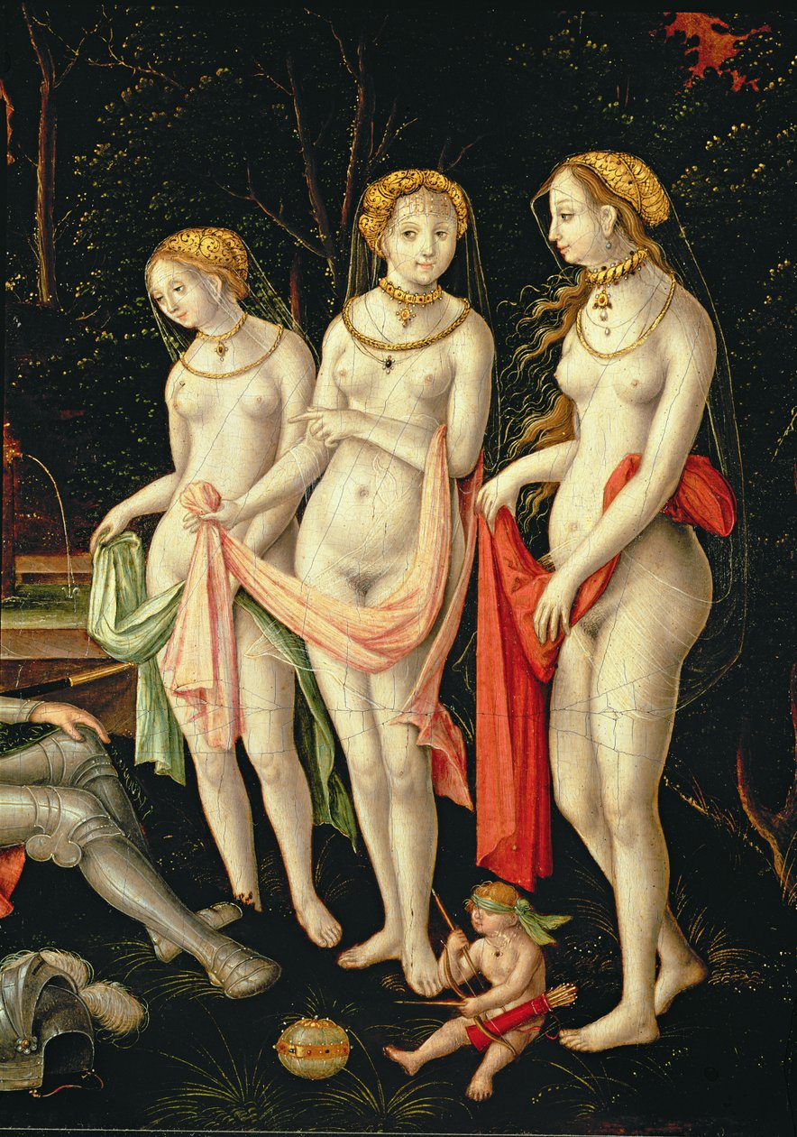 A Destruição de Tróia e o Julgamento de Paris, detalhe representando Artemis, Hera e Afrodite, 1540 de Matthias Gerung or Gerou