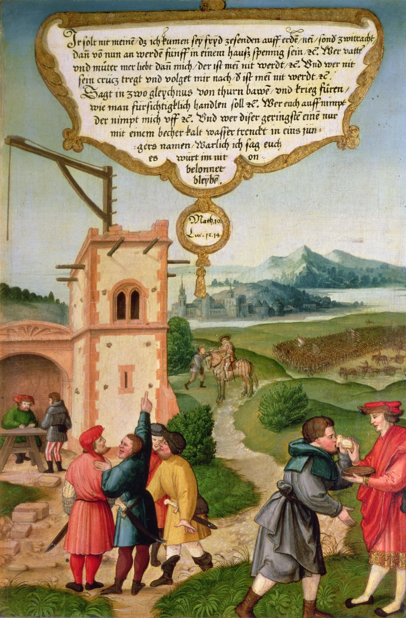 &39;Aquele que der a um destes pequeninos até um copo de água fria, porque ele é um discípulo, eu lhe digo, ele não perderá a sua recompensa&39; (Mateus 10, Lucas 12, v.14), ilustração do ensinamento de Cristo, de de Matthias Gerung or Gerou