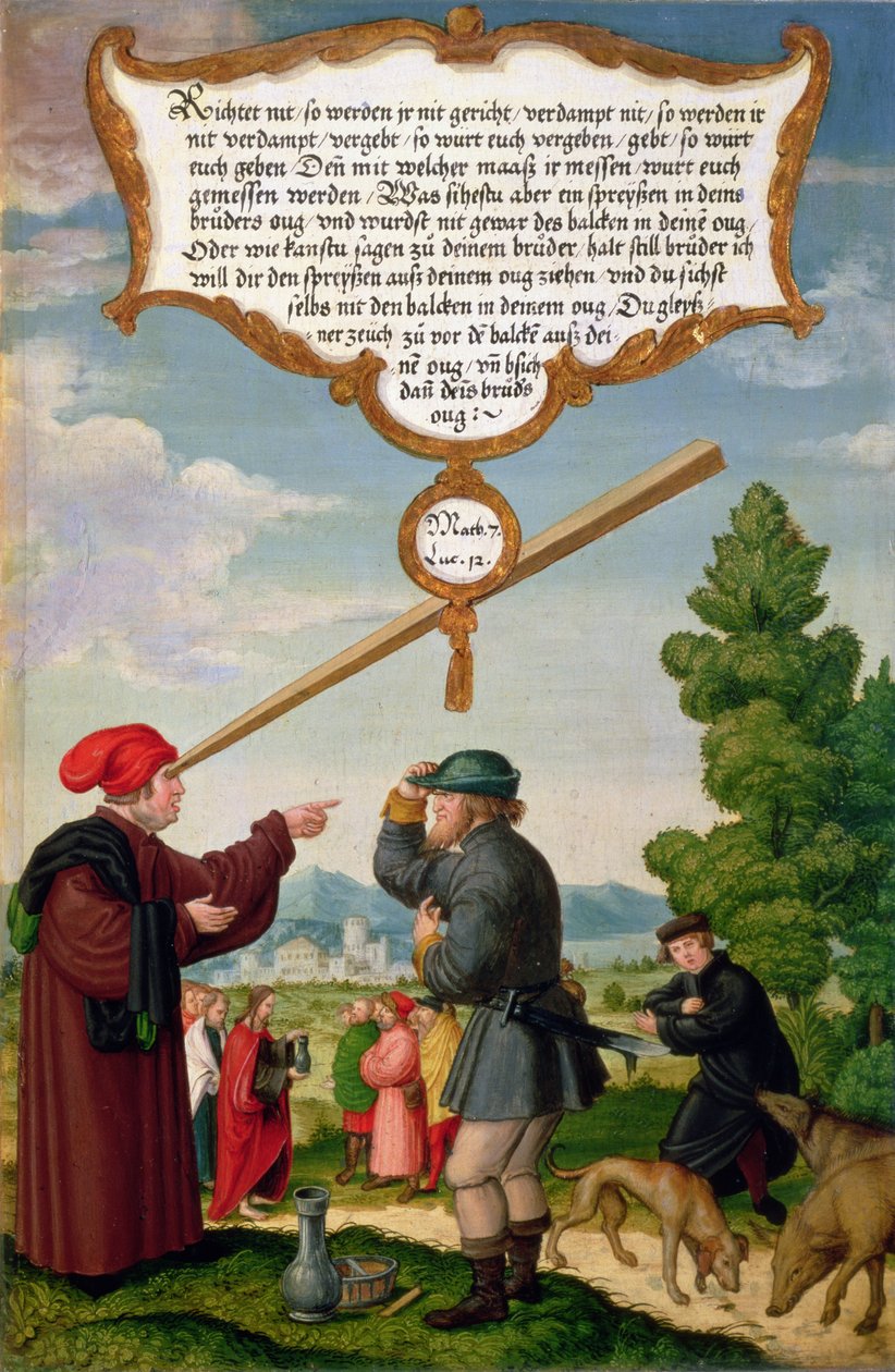 &39;Por que notar a lasca no olho do seu irmão, e não conseguir ver a prancha em seu próprio olho&39;, ilustração da seção de ensino de Cristo (Mateus 7, Lucas 12) do painel da ala do Retábulo de Mompelgarter de Matthias Gerung or Gerou