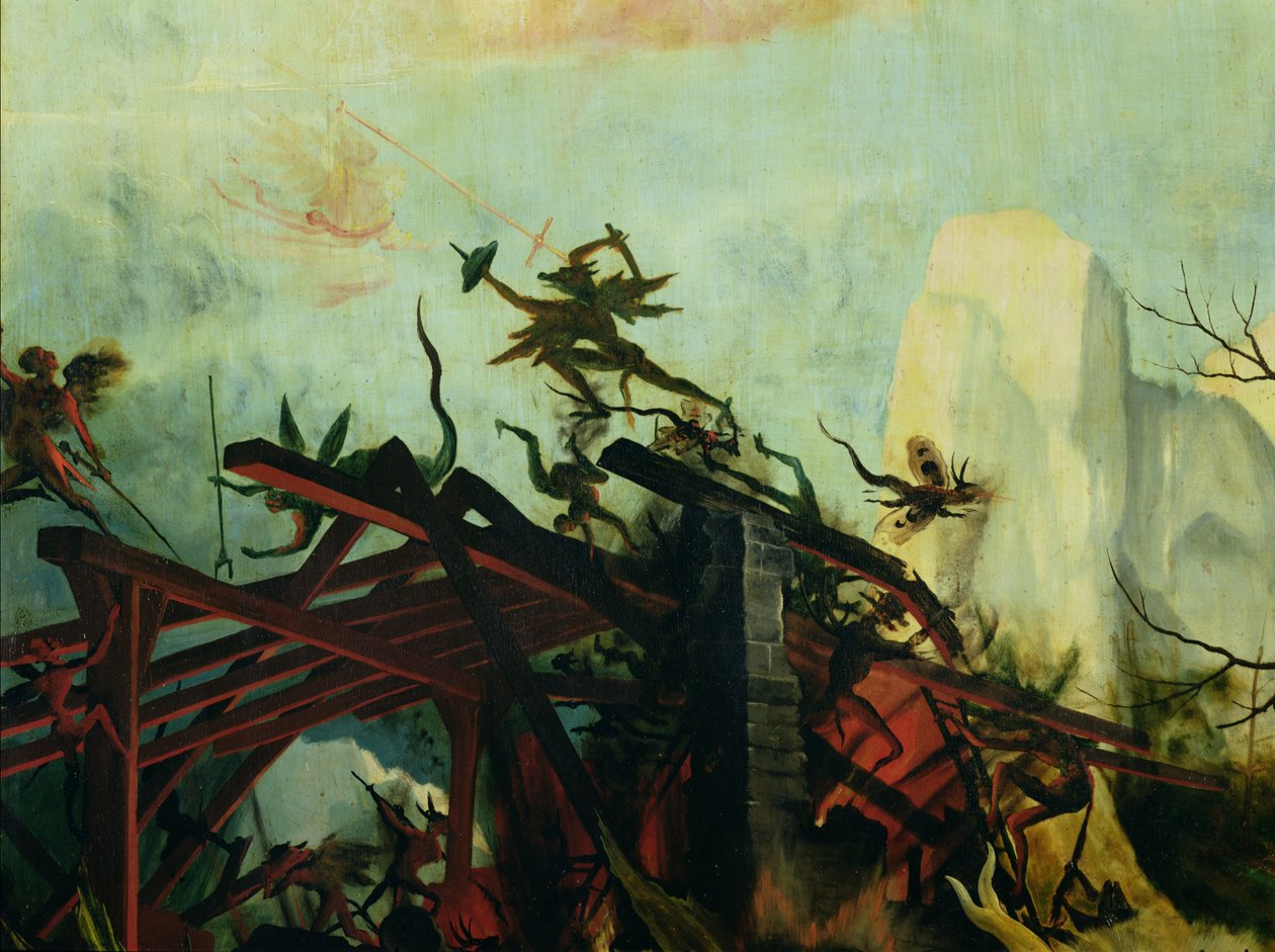 Anjo atacando os demônios, detalhe a Tentação de Santo Antônio do Retábulo de Isenheim, c.1512-16 de Matthias Grünewald