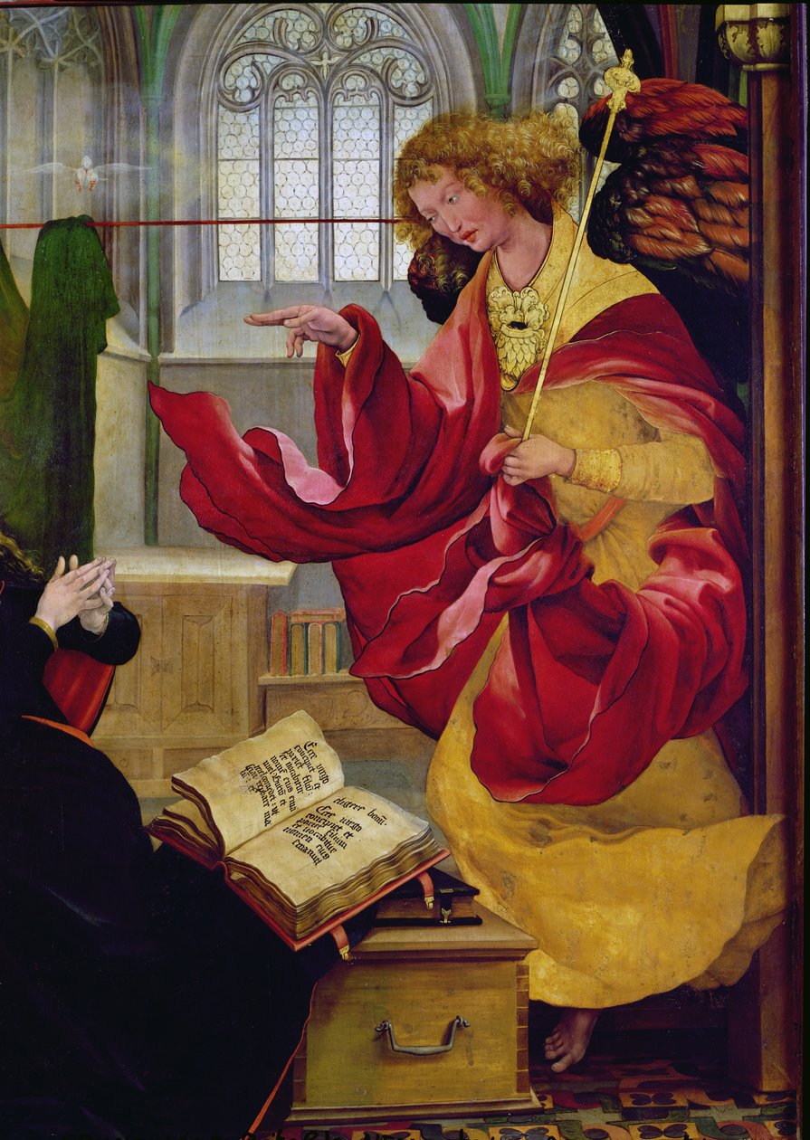 Arcanjo Gabriel, detalhe da Anunciação do Retábulo de Isenheim, c.1512-16 de Matthias Grünewald
