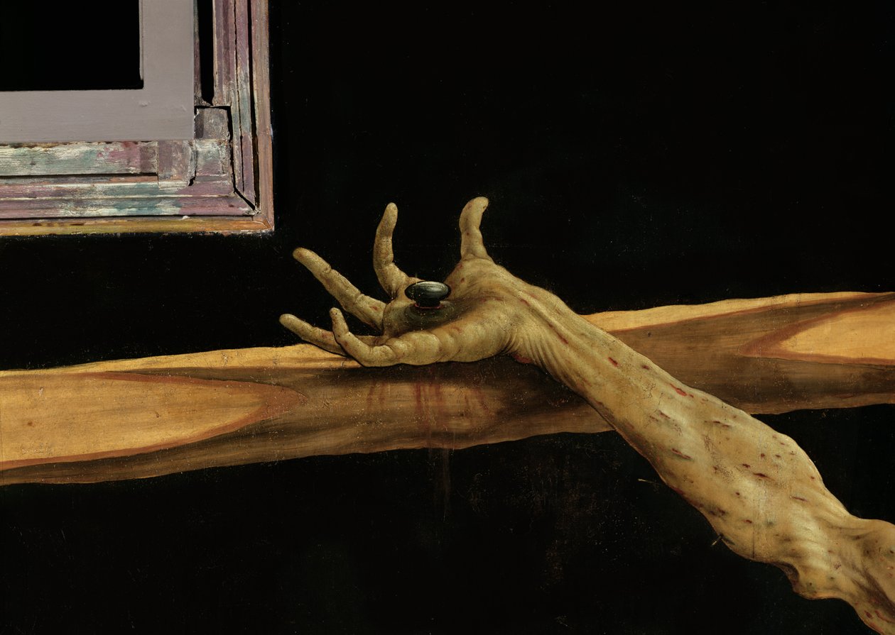 Crucificação, de, a, isenheim retábulo, detalhe, de, christs, righthand, c.1512-16, óleo, ligado, painel de Matthias Grünewald