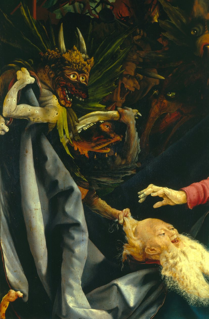 Demônios puxando o cabelo de Santo Antônio, detalhe da Tentação de Santo Antônio do Retábulo de Isenheim, c.1512-16 de Matthias Grünewald