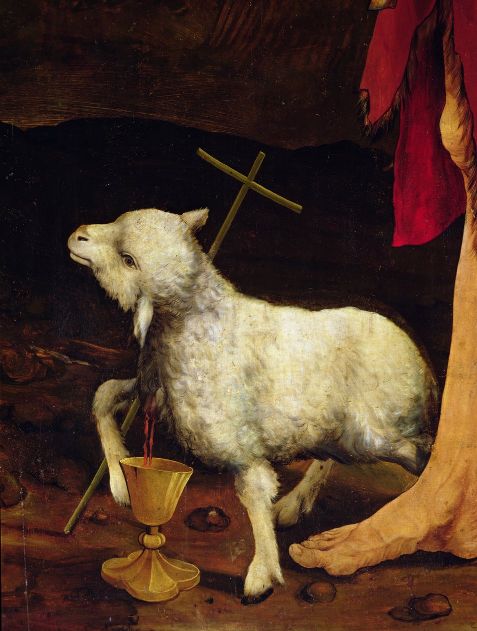 Detalhe, de, a, crucifixion, de, Isenheim, altarpiece, detalhe, de, um, cordeiro, c.1512-16, óleo, ligado, painel de Matthias Grünewald