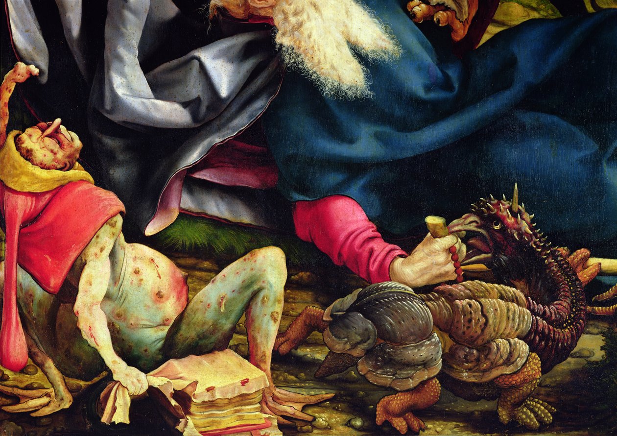 Detalhe da tentação de Santo Antônio do retábulo de Isenheim, óleo c.1512-16 no painel de Matthias Grünewald