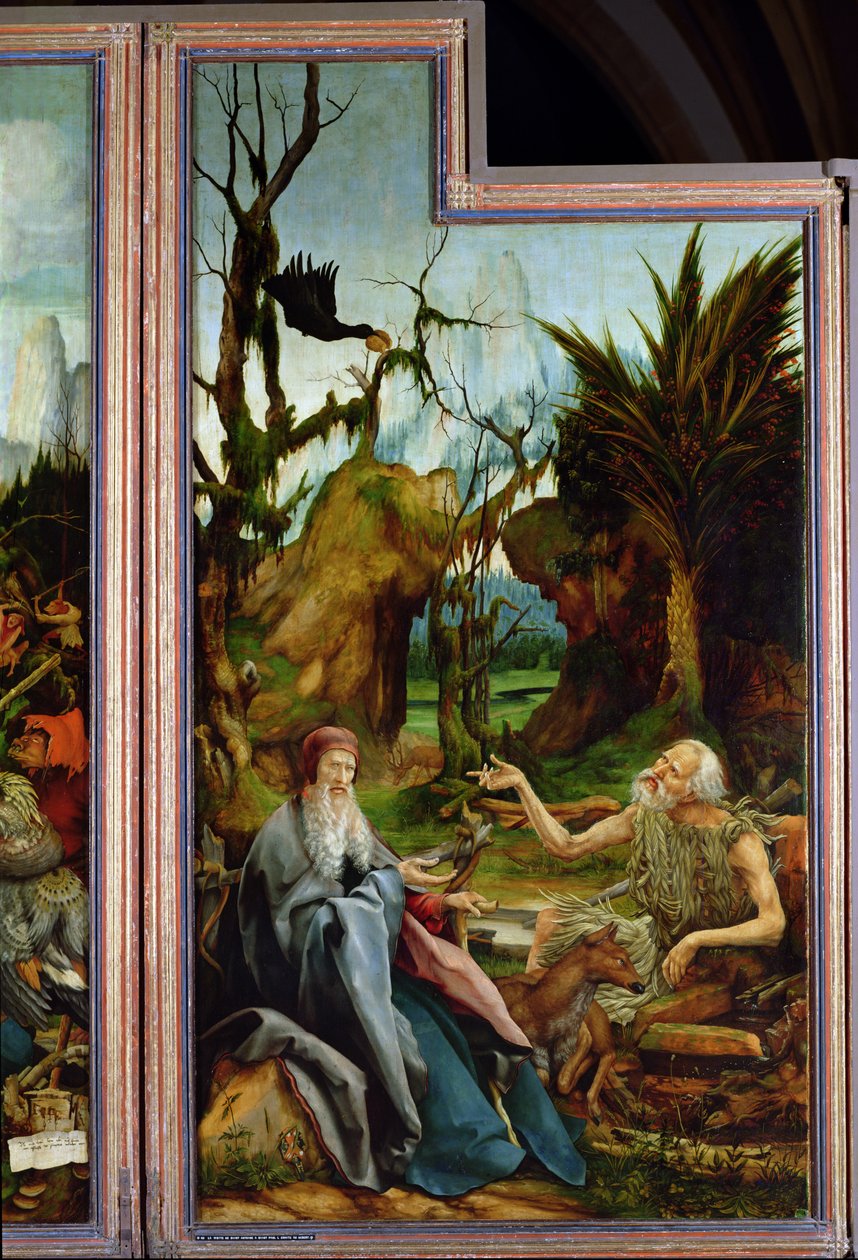 Santo Antônio e São Paulo, detalhe do Retábulo de Isenheim, c.1512-16 de Matthias Grünewald