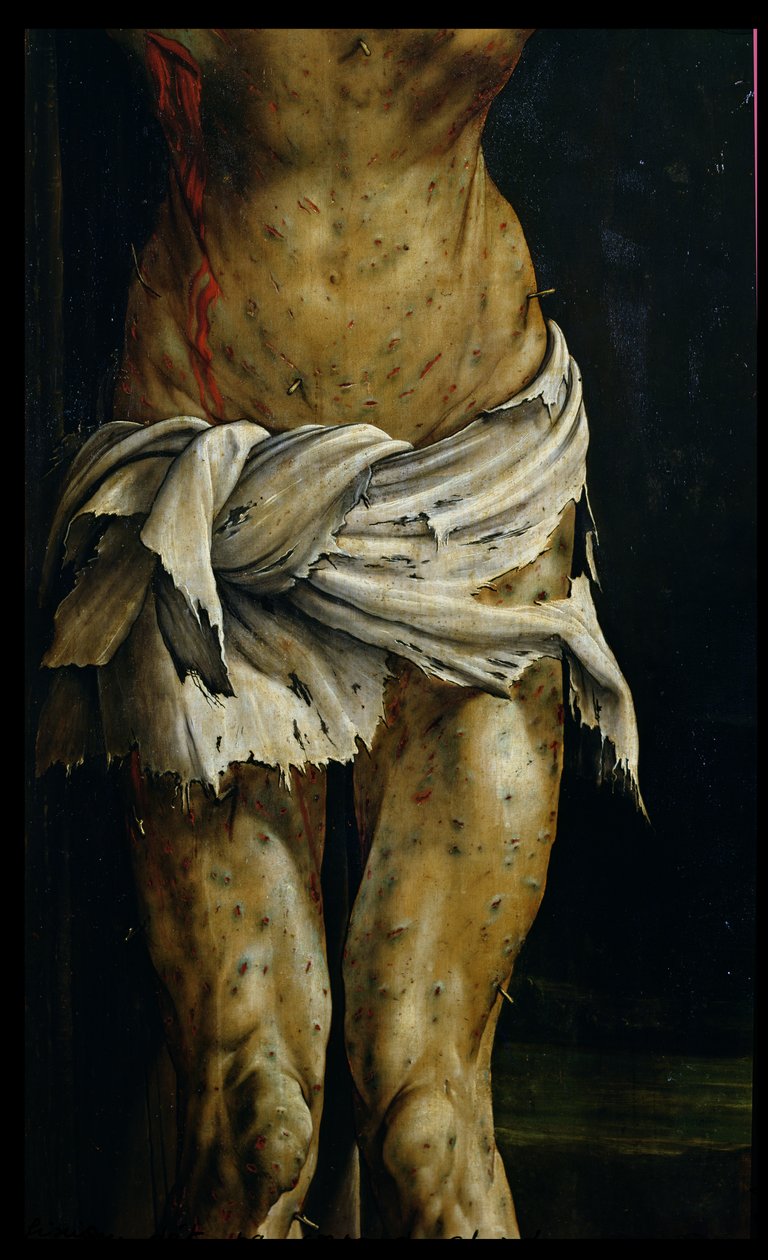 A Crucificação do Retábulo de Isenheim, detalhe do corpo de Cristo, óleo c.1512-16 no detalhe do painel de Matthias Grünewald