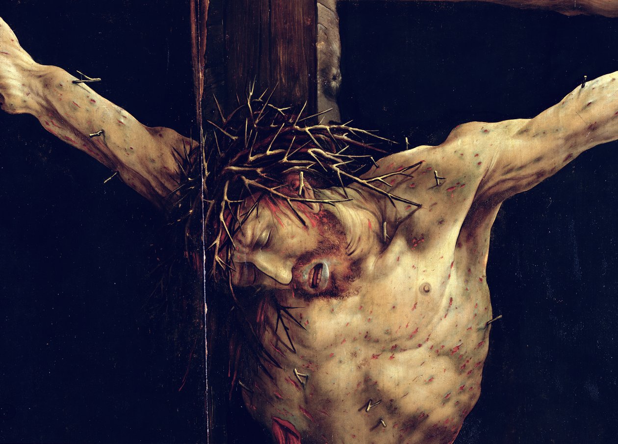 O Rosto de Cristo, detalhe da Crucificação do Retábulo de Isenheim, c.1512-16 de Matthias Grünewald