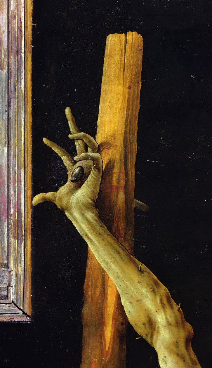 O Retábulo de Isenheim, detalhe fechado da mão esquerda de Cristo, c.1512-16 óleo no painel de Matthias Grünewald
