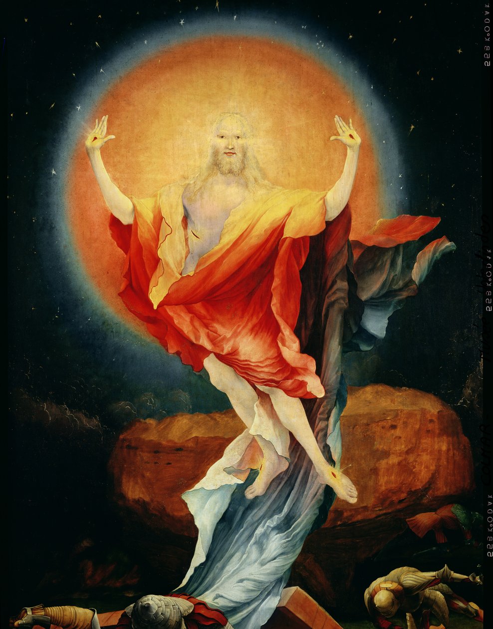 A ressurreição de Cristo, da ala direita do Retábulo de Isenheim, óleo c.1512-16 no detalhe do painel de 17677 de Matthias Grünewald