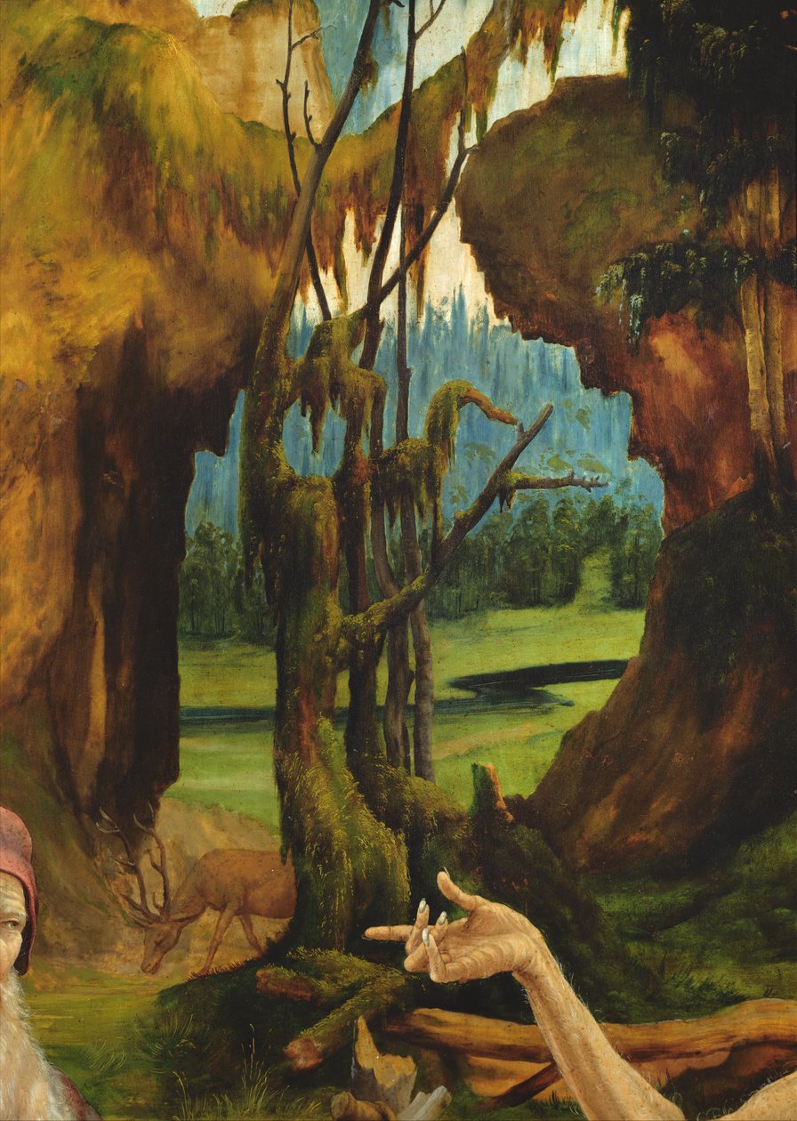 A visita de Santo Antônio a São Paulo, o eremita. Detalhe, de, são, Pauls, mão, de, a, isenheim, altarpiece, c.1512-16, óleo, ligado, madeira de Matthias Grünewald