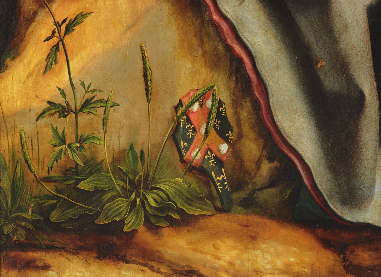 Visita de Santo Antônio a São Paulo, o eremita. Detalhe da crista de Guido Gersi do retábulo de Isenheim, c.1512-16 óleo no painel de Matthias Grünewald
