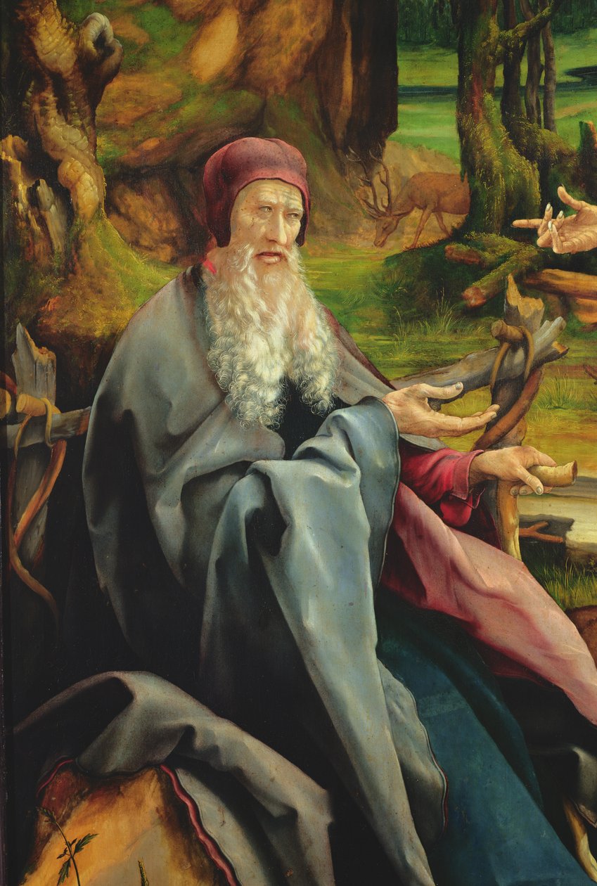 Visita de Santo Antônio a São Paulo, o eremita, detalhe do retábulo de Isenheim, c.1512-16 (óleo sobre madeira) de Matthias Grünewald