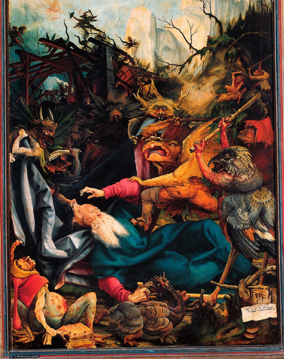 Pormenor da Tentação de Santo António Magno, Retábulo de Issenheim, c.1512-16 (óleo sobre painel) de Matthias (c.1480 1528) Grunewald