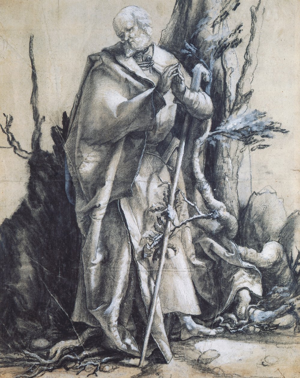 São João na floresta, ca. 1515, de Matthias Grunewald (1470-1528), giz preto sobre papel, 37x29 cm. Alemanha de Matthias (c.1480 1528) Grunewald