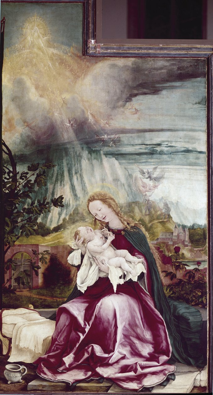 Alegoria dos Nativite. Altarpe de Issenheim (ou Isenheim) - Pintura de Matthias Grunewald (ca. 1475-1528), óleo sobre madeira de Matthias (c.1480 1528) Grunewald