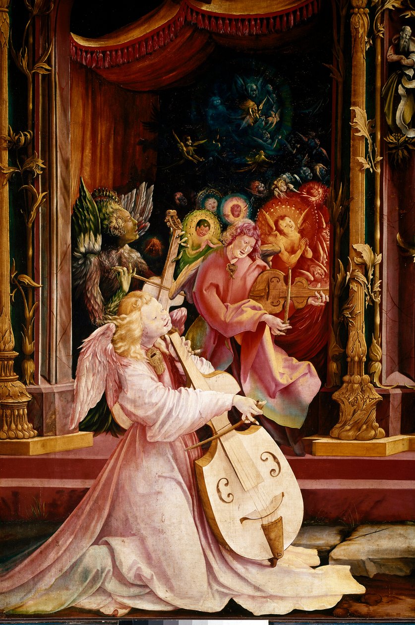 Altarpiece of Issenheim (ou Isenheim): "La Nativite" Detalhe do concerto dos músicos Anjos. O anjo do centro toca a viola gamba. Painéis de Mathis Neithardt Gothardt dit Matthias Grunewald (1480-1528) (ec.all.) 1512-1516 Dim. 265x304 cm Col de Matthias (c.1480 1528) Grunewald