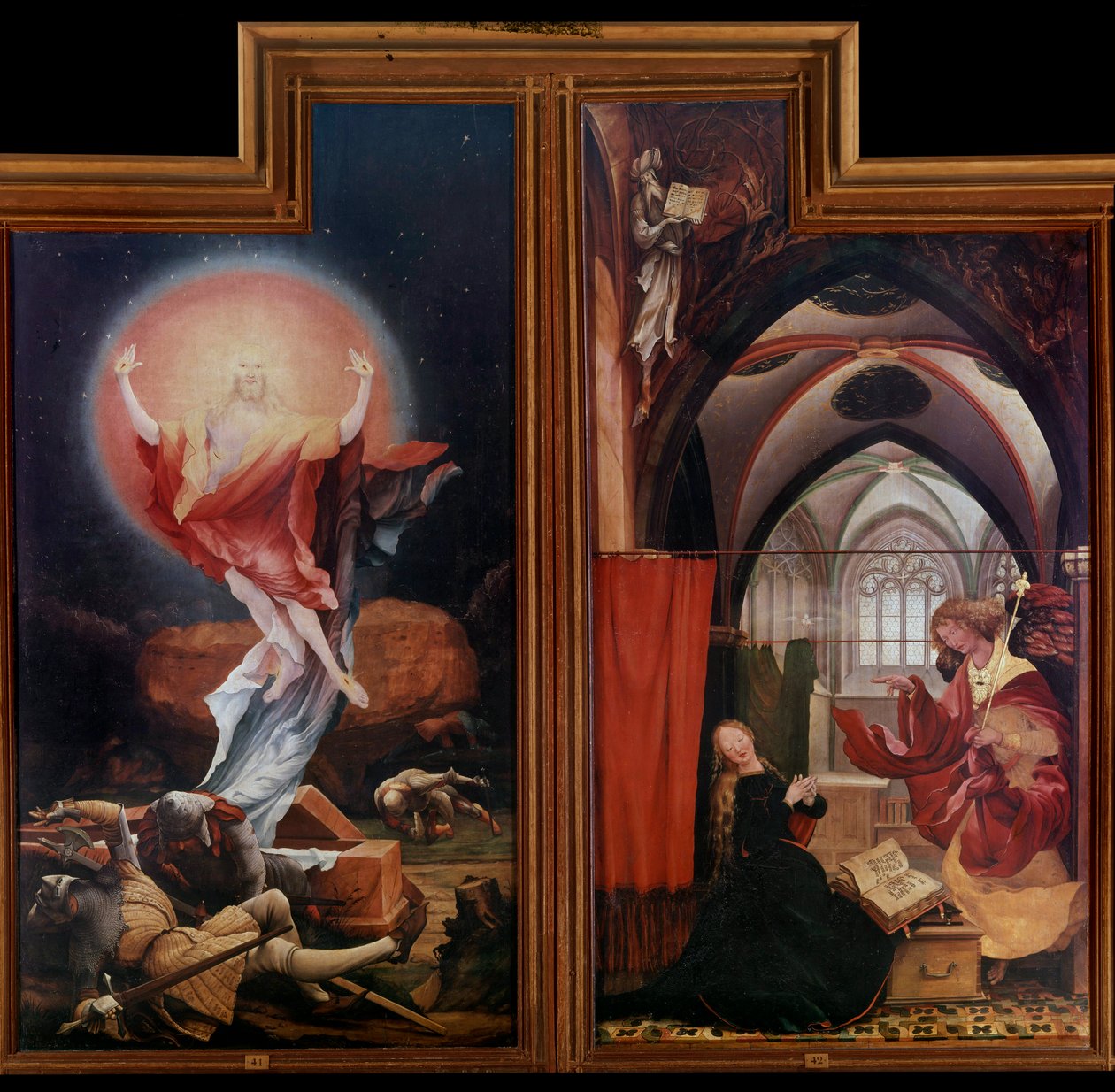 Altarpiece of Issenheim (ou Isenheim): "A Ressurreição" Painéis "A Anunciação" de Mathis Neithardt Gothardt dit Matthias Grunewald (1480-1528) (ec.all.) 1512-1516 Colmar, Musee Unterlinden de Matthias (c.1480 1528) Grunewald