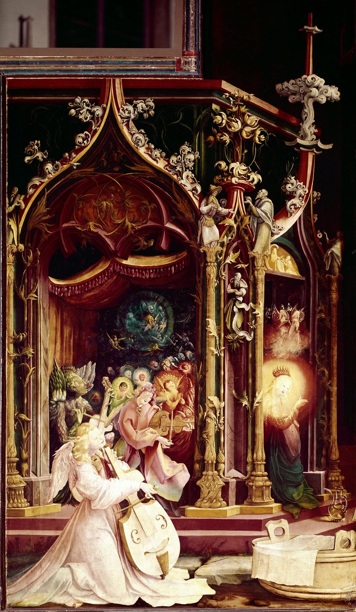 Concerto de Anjos músico, na Natividade, detalhe. Altarpe de Issenheim (óleo sobre painel de Matthias (c.1480 1528) Grunewald