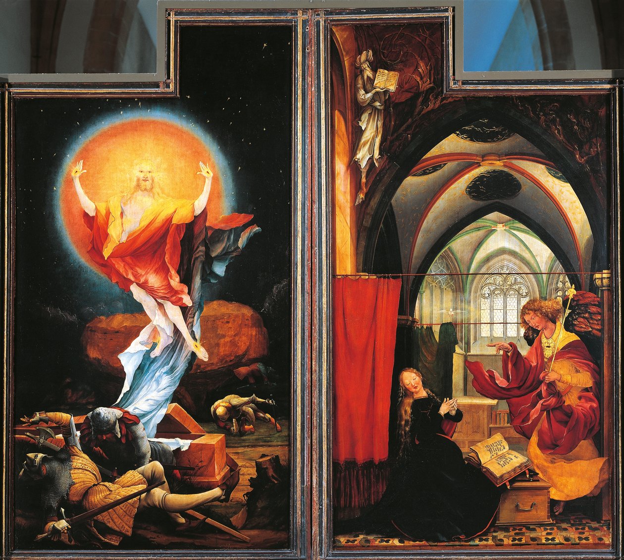 A Anunciação e Ressurreição de Cristo, detalhe do Altar de Isenheim, c.1512-16 (óleo sobre painel) de Matthias (c.1480 1528) Grunewald
