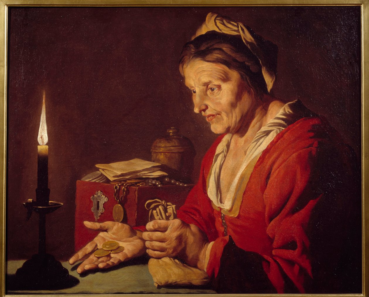 Avareza - Uma mulher velha olha para as suas moedas de ouro, que acaba de sair do seu esconderijo, à luz de uma vela - Pintura de Mathias Stomer (Matthias Stom) (1600-1650) Ec Flam de Matthias (c.1600 p.1650) Stomer