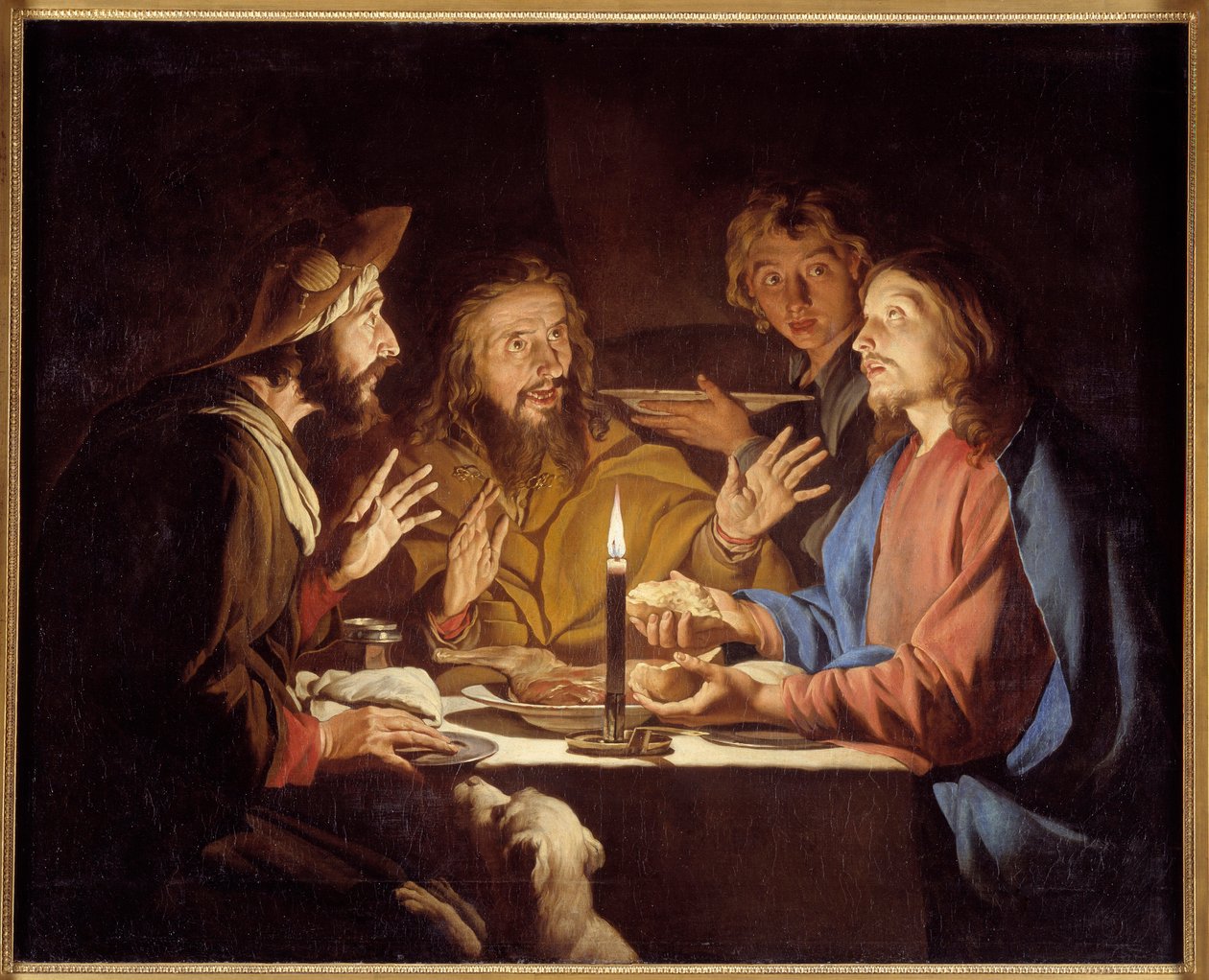 Os discípulos de Emaús Cristo aparecem aos pelerins sentados à mesa numa estalagem em Emaús - Pintura de Mathias Stomer (Matthias Stom) (1600-1650) Século XVII Sol 1,3x1,64 m Grenoble, Musee des Beaux Arts de Matthias (c.1600 p.1650) Stomer